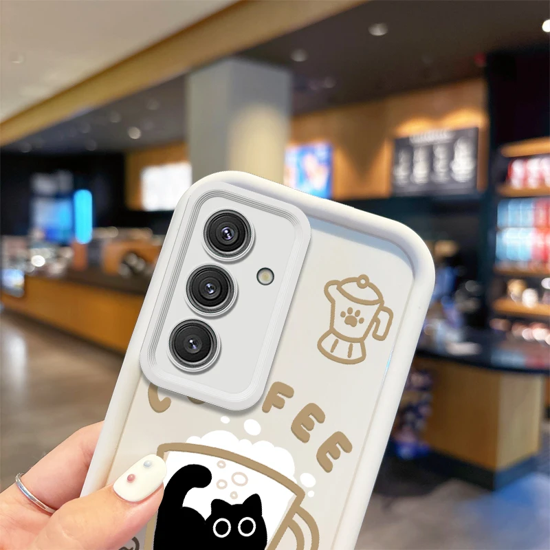 Cute Coffee Cat Cartoon Phone Case For Samsung Galaxy A36 A35 A34 A33 A32 5G A31 A30 A24 A23 A22 A16 A12 A50S M55 Silicone Cover