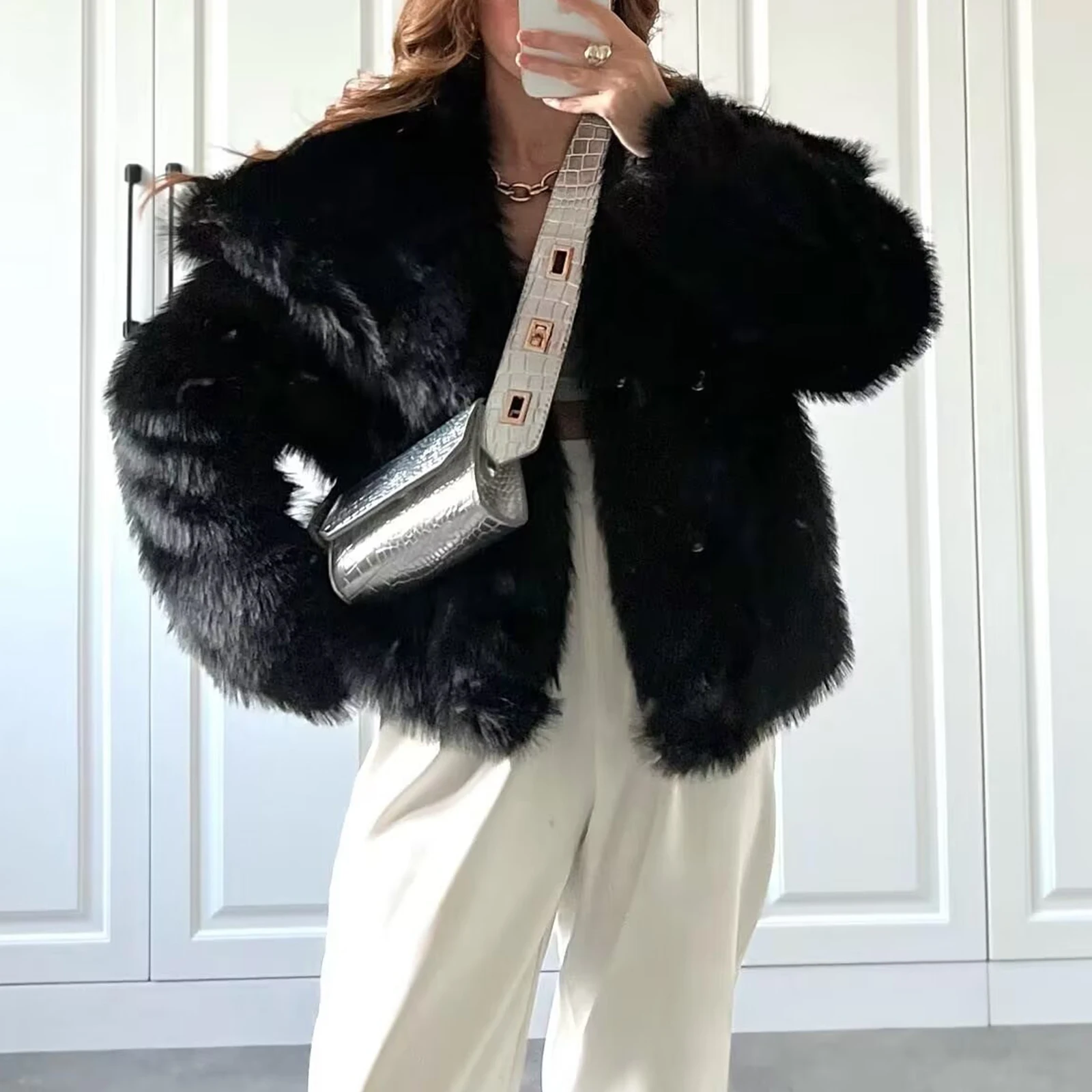 Luxury Women Premium Soild Color Faux Fur Coat, Long Sleeve Lapel Collar Warm Winter Coat Outwear Streetwear
