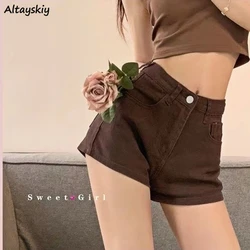 Brown Shorts Women Summer Y2k Chic High Waisted Trouser All-match Thin Simple Basic Straight Denim Vintage Preppy Ladies Clohes