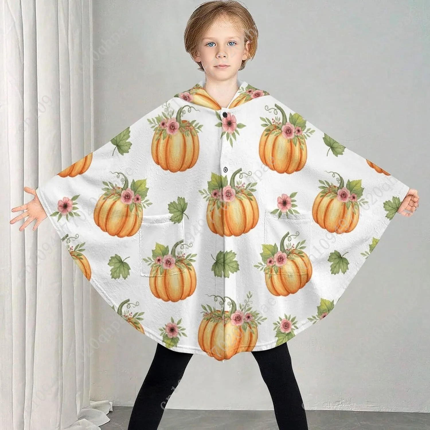 Cozy Flannel Blanket Sweater,Pumpkin Floral Pattern Oversized Hoodie With Pockets For Kids And Teenagers