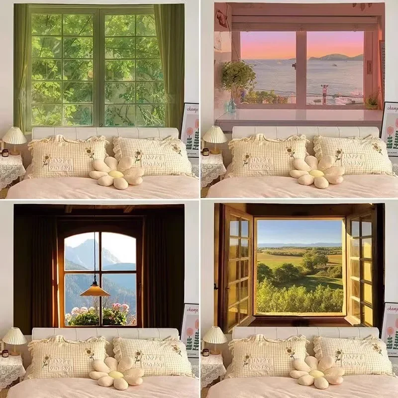 VIKAMA Fake Window Cloudscape Tapestry, 3D Visual Extension Effect, Cozy Bedroom & Dorm Background Decoration