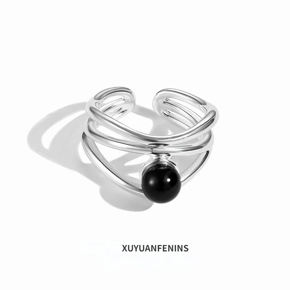 

XUYUANFENINS Style New S925 Sterling Silver Open End Ring for Women with Black Agate Inlaid Hollow Out Design, Fashionable