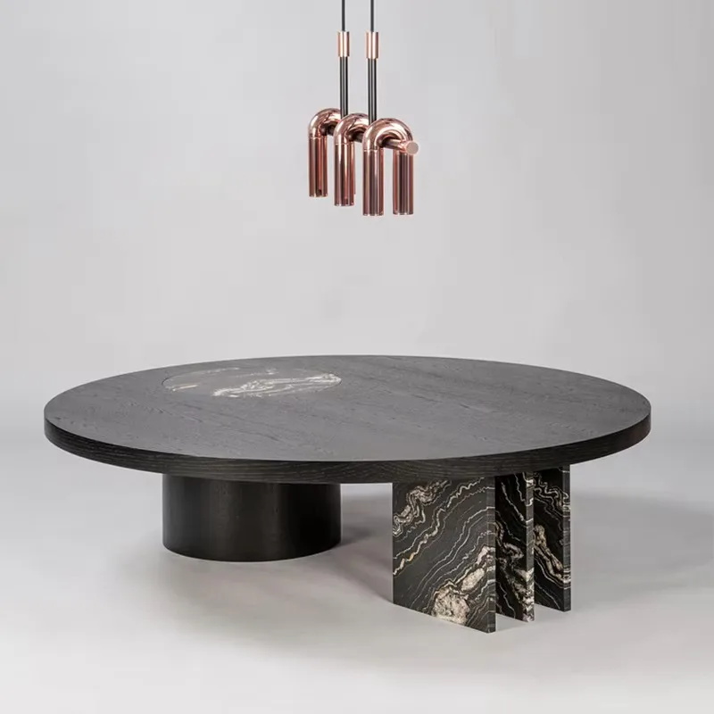 Modern French Rock Plate Wooden Frame Coffee Table Minimalist Black Side Table Set Hotel Living Room Apartment Sofa Side Table