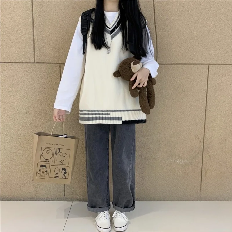 

Loose V-Ne Patchwork Color Sweater Vest Women's Korean Sle Autumn Winter Faion plus Size College Student Top