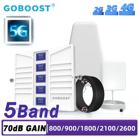 GOBOOST 셀룰러 증폭기 800 900 1800 2100 2600 700 850 네트워크 리피터, 5 밴드 모바일 신호 부스터 안테나 키트, 3G 4G 5G