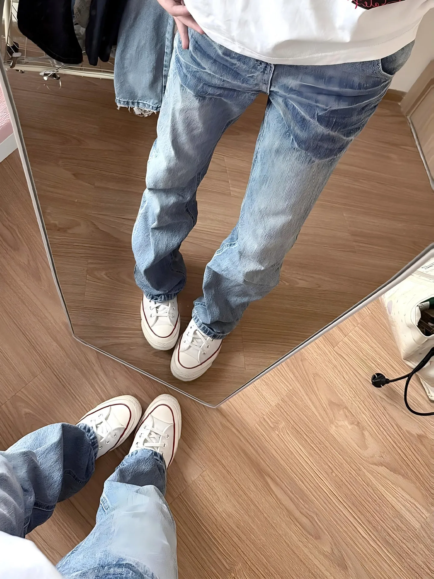 Cleanfit Blue Washed Lightning Pattern Men's Jeans High Vibe Straight Leg Micro Flared Pants Casual Wear Youth  Style