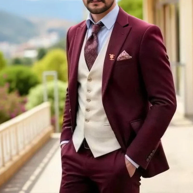 

Burgundy And Beige Men Suit Wedding Party Formal Groom Groomsman Prom Business Male Tuxedos 3 Piece Set Jacket Vest Pants