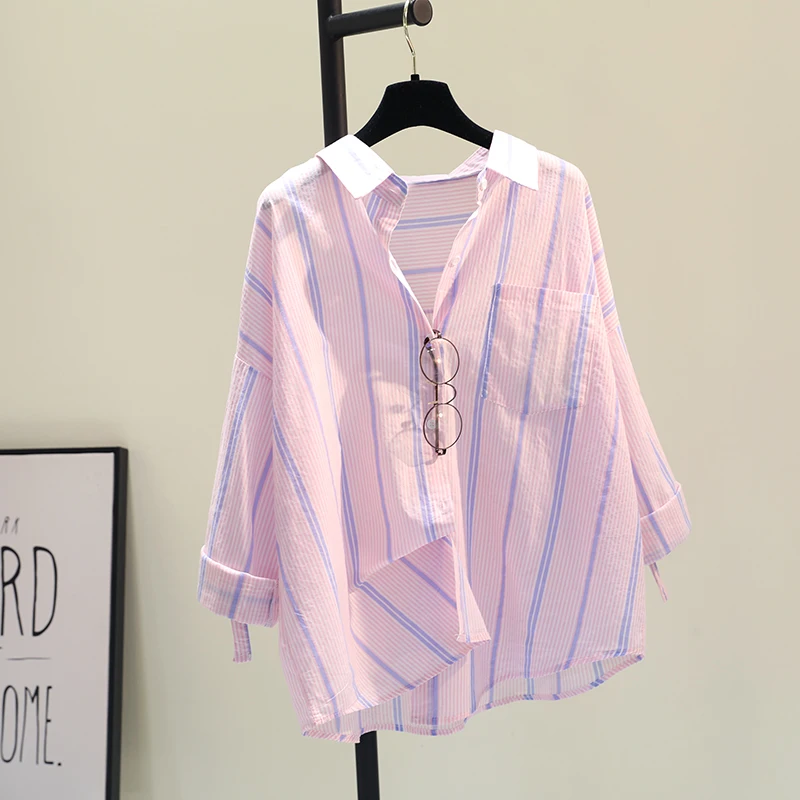 

Pink Striped Loose Cotton Linen Women's Summer Shirt Dongda Gate Sun Protection Outerwear Korean Style Long Sleeve Collar