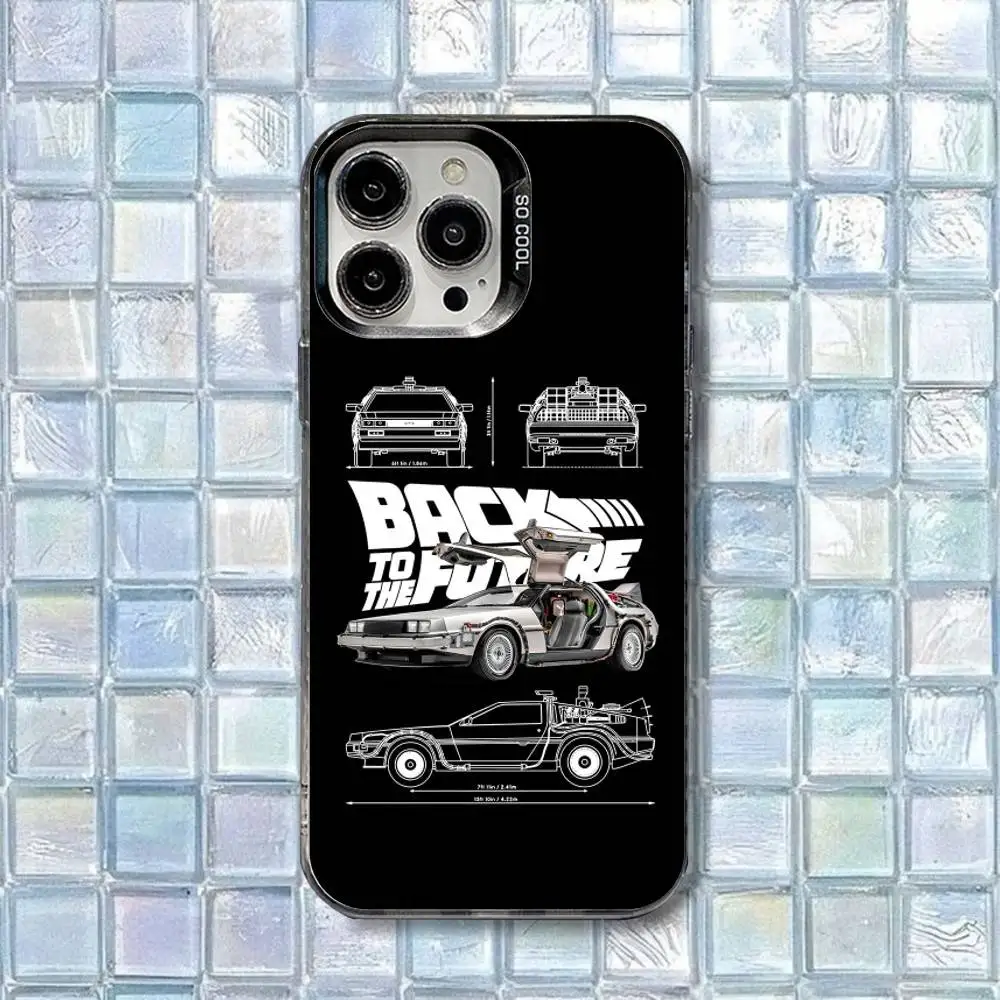 B-Back To The Future Delorean Schematische telefoonhoes voor iPhone 16,15,14,13,12,11,8,7,Pro,Max,Plus,Mini,XS,SE Zwart Matte Cover