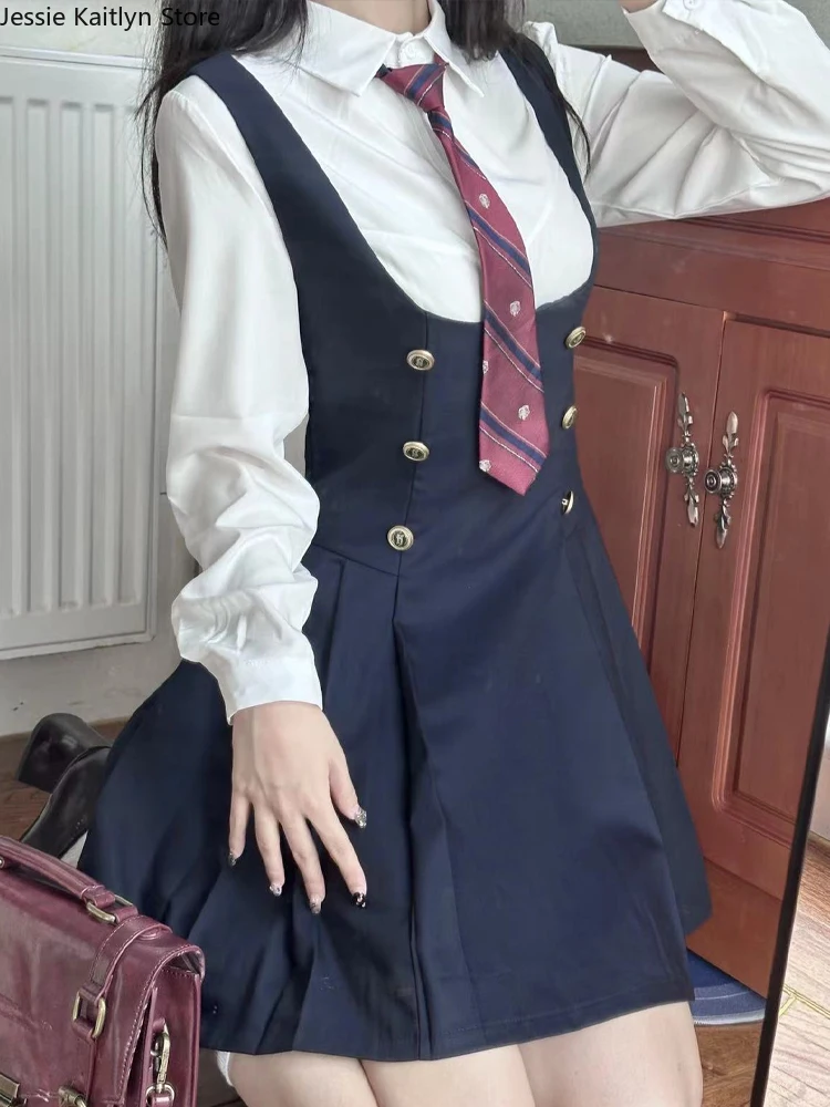 Conjunto de vestido de camisa de manga comprida feminina, uniforme escolar kawaii japonês, moda coreana, estudante universitária, JK, novo, outono