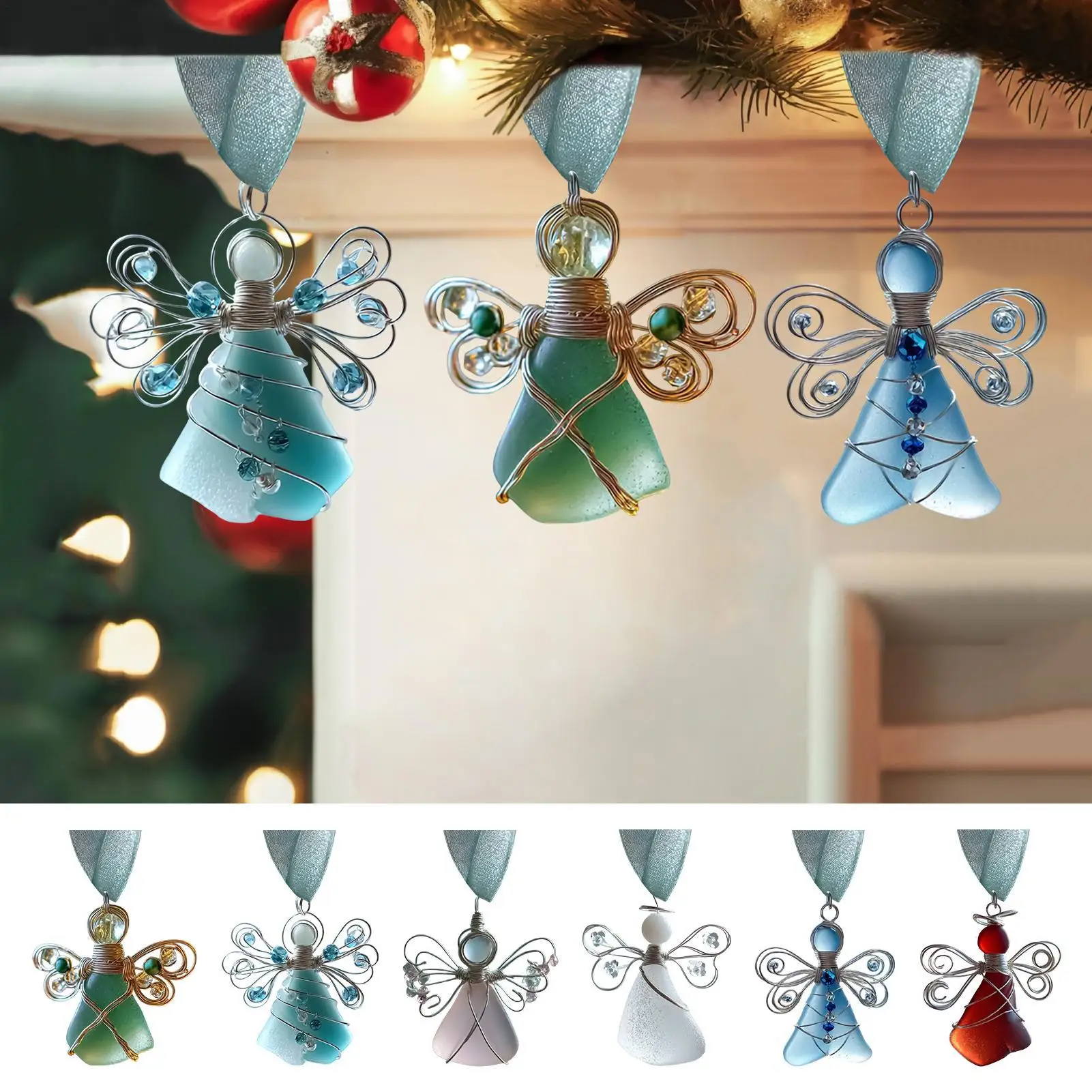 Sea Glass Decor 6 Pieces Angel Coastal Pendant 2D Acrylic Christmas Tree Ornament For Workplace Living Room Kitchen Entryway