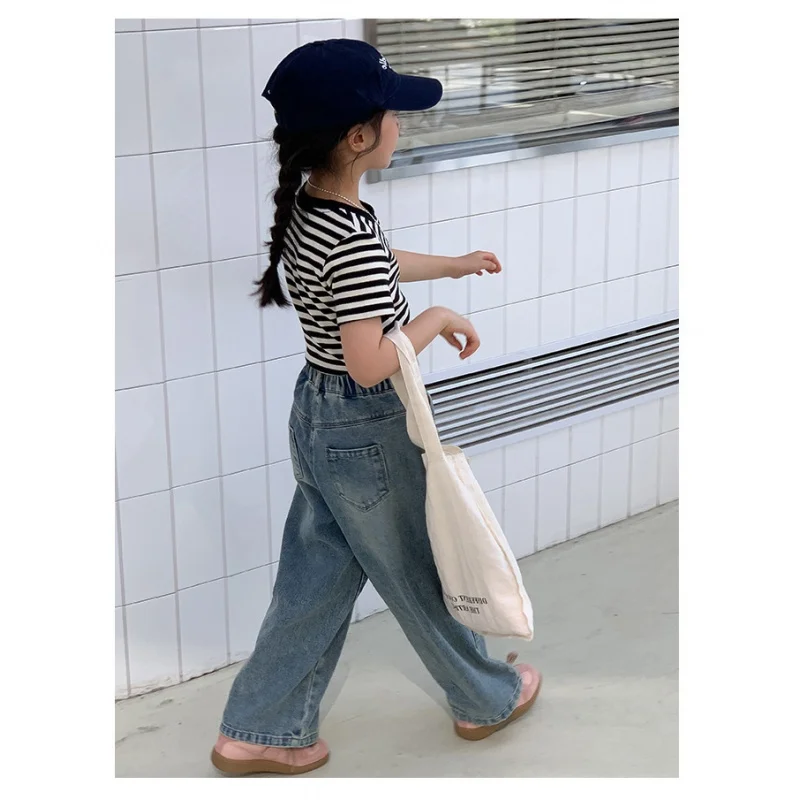 Mädchen zerrissene Jeans süße Spiel Mop Hose Distressed Straight-Leg Hose hohe Taille Retro weites Bein Hosen Kinder eine Generation