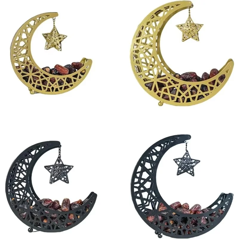 Metal Crescent Moon Candy Dessert Tray Eid Al-Fitr Mubarak Holiday Party Desktop Decorative Tray Ornaments Snack Box