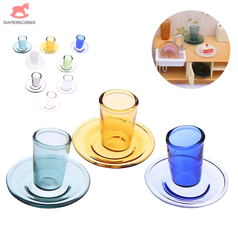 1set 1/12 Dollhouse Mini Glass Cup With Plate Kitchen Tea Set Decoration Dolls House Accessories Kid Pretend Play Toy