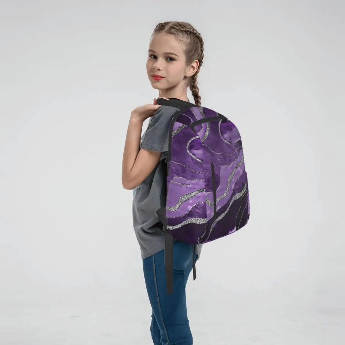 Purple Marble Agate Silver Glitter Glam #1 (Faux Glitter) #decor #art Backpack Daypack Boys Girls BookBag School Bag Shoulder