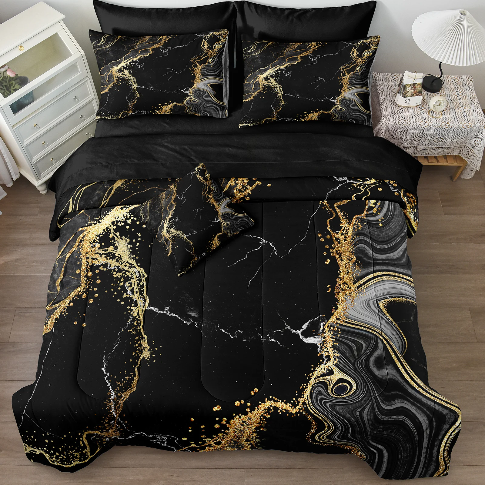 Marble Comforter Set Queen Size 4 Pieces Black and Gold Bedding Set,Inspirational Positive Energy Words Quilt Set,Modern Marble Texture Soft Microfiber Lightweight Quilt Set for All Seasons