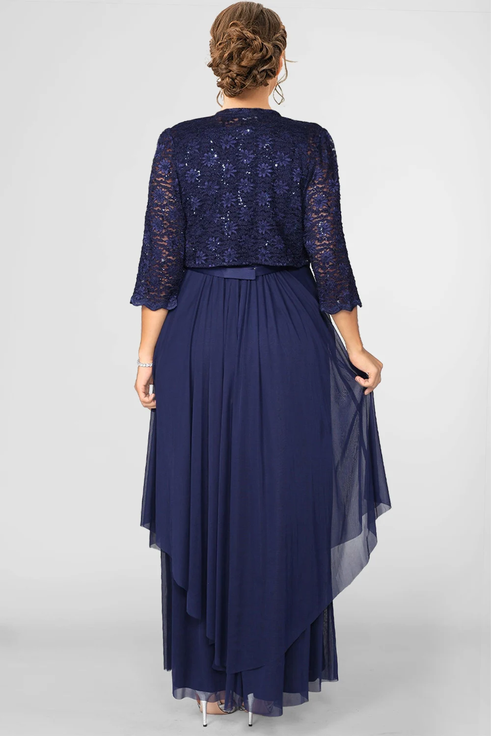 فستان مقاس كبير للنساء فستان ماكسي مفرغ من الشيفون مطرز بالترتر على شكل حرف a لحفلات الزفاف وحفلات الكوكتيل والدانتيل