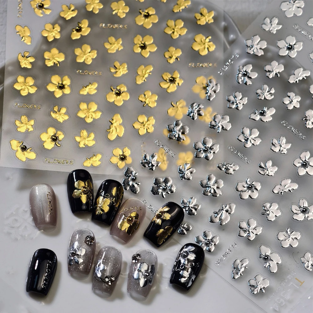 

Metal Bead Gold Stamped Silver Petal Flowers 3D Self Adhesive Nail Art Decorations Stickers Delicate Manicure Decals Wholesale
