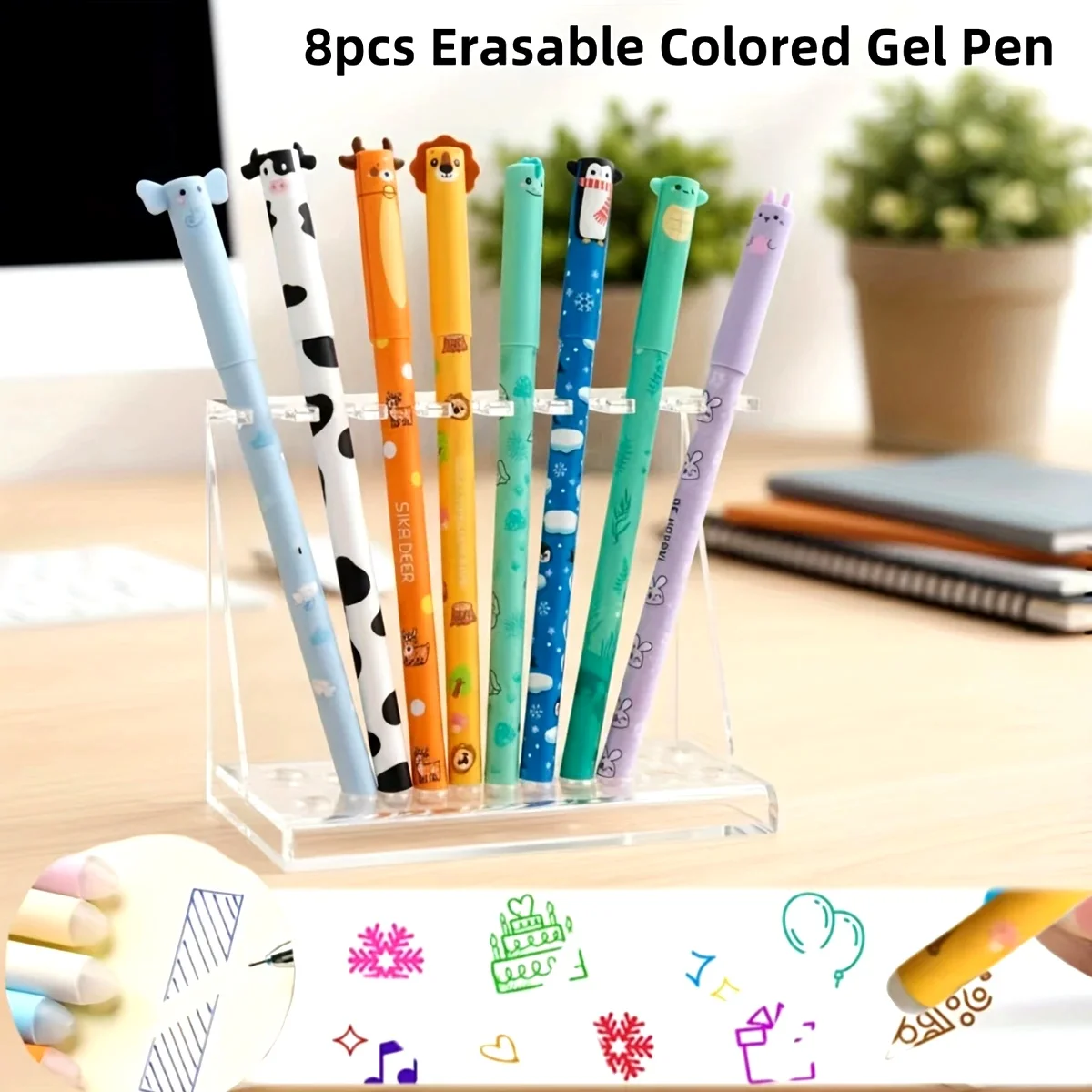 

8pcs Colorful Erasable Cartoon Gel Pens, 0.5mm Refill For Note-Taking Marking, School Office Gift Highlighters for Study or Work