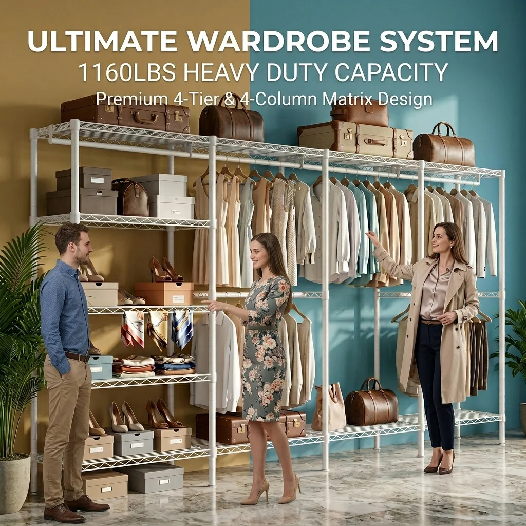 Modular Freestanding Garment Rack System, 11 Storage Shelves Clothes Organizer with 4 Flexible Installation Modes, 198×45×198CM Heavy Duty Clothing Storage Rack Holds 1200LBS, Stores 245+ Summer Garments for Bedroom & Retail Clothing Display