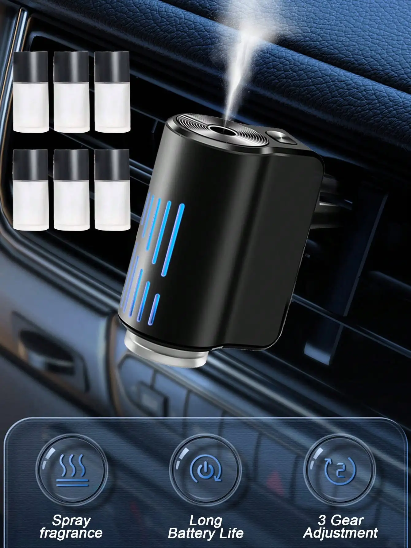 

Rechargeable Car Air Freshener 3 Mist Modes Mood Light USB Charging Cylindrical Aromatherapy With 6 Fragrance Oils Long Lasting Scent Odor Remover Stylish Auto Decor Practical Gift Accessories