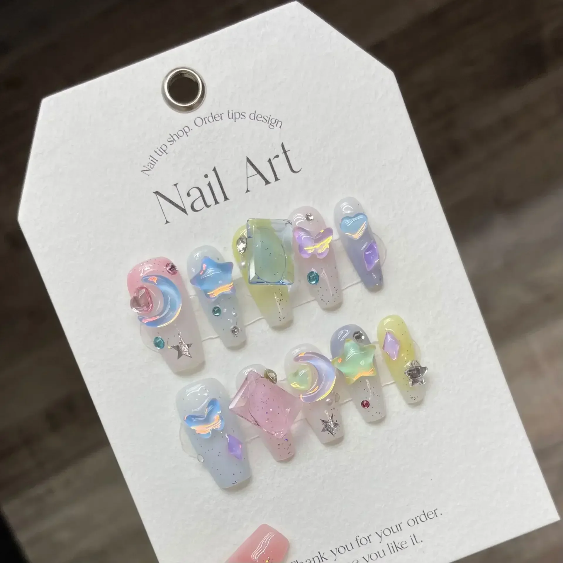 Handmade Pink Press on Nails Y2k Cute Short Star Decration Reusable Adhesive False Nails with Glue Acrylic Full Cover Nail Tips