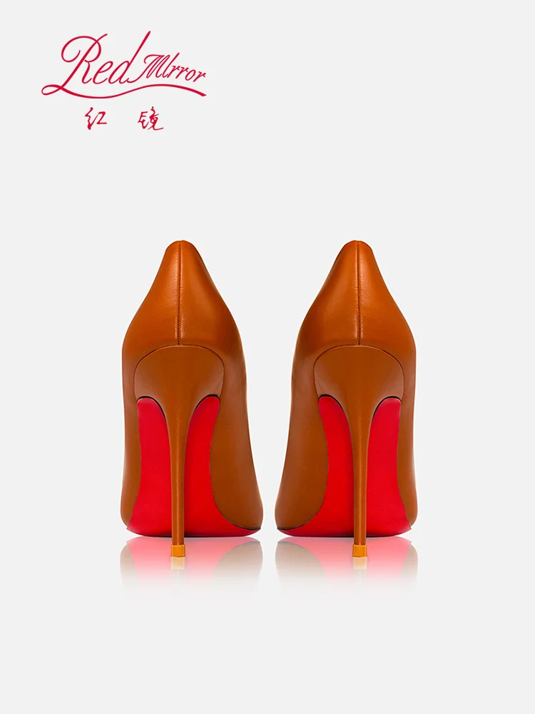 2025 New Red soled High Heels Handmade Women's Shoes Brown Soft Genuine Leather Shallow Mouth Pointed Fine Custom Shoes