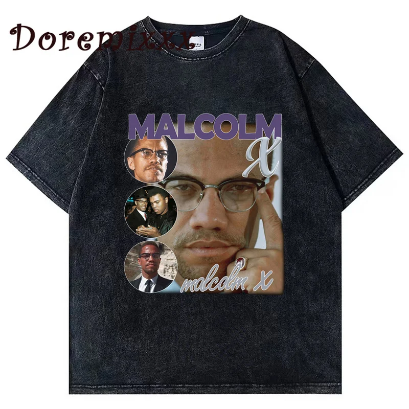 

Hiphop Washed T-shirt Short Sleeved Men Summer Malcolm X Vintage 90s Tees Retro Loose Tops Couple Graphic T Shirt Men Clothing