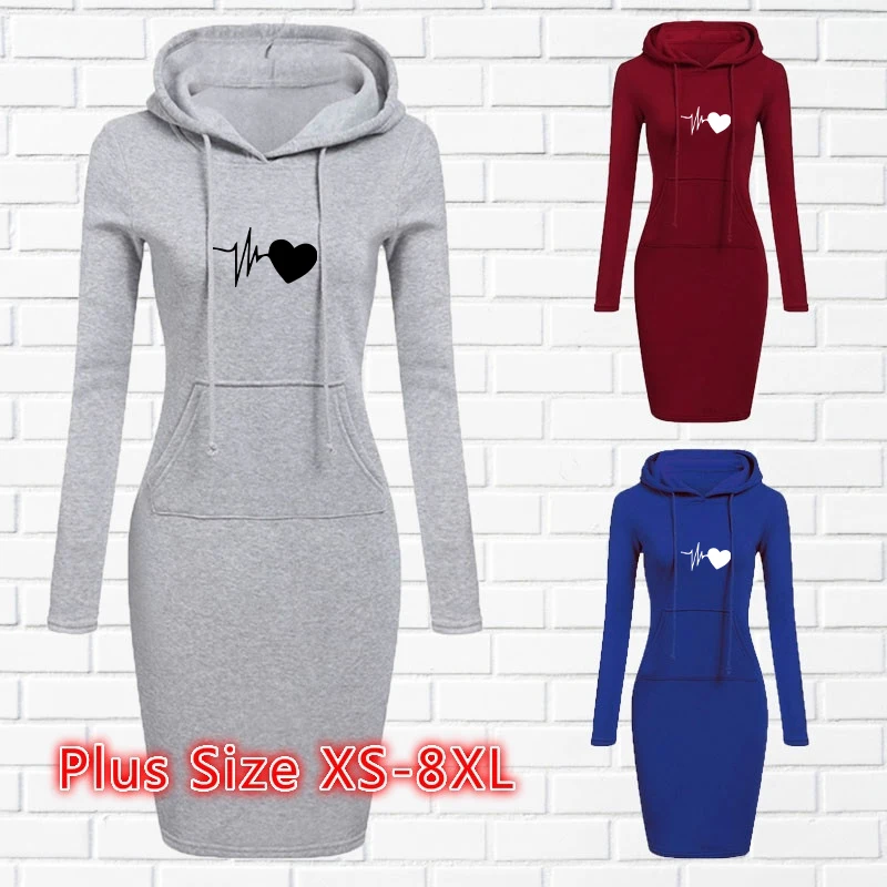 

Fashion ECG Printed Women Hoodie Dress Vintage Autumn Long Sleeve Casual Hooded Street Solid Skinny Office Ladies Female Dresse