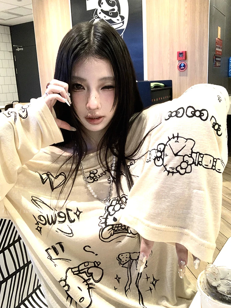 Hotsweet Cartoon Graphic T Shirts Women Clothes Yellow Long Sleeve Japan Style Hello Kitty 2000s Clothes Y2k Kawaii Autumn Tops