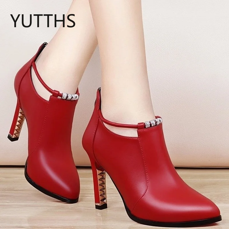 Botas Mujer Winter Boots Women 2023New Shallow Pointed Toe Red Women\'s Boots Thin Heels Zip Ankle Boots Leather Zapatos De Mujer