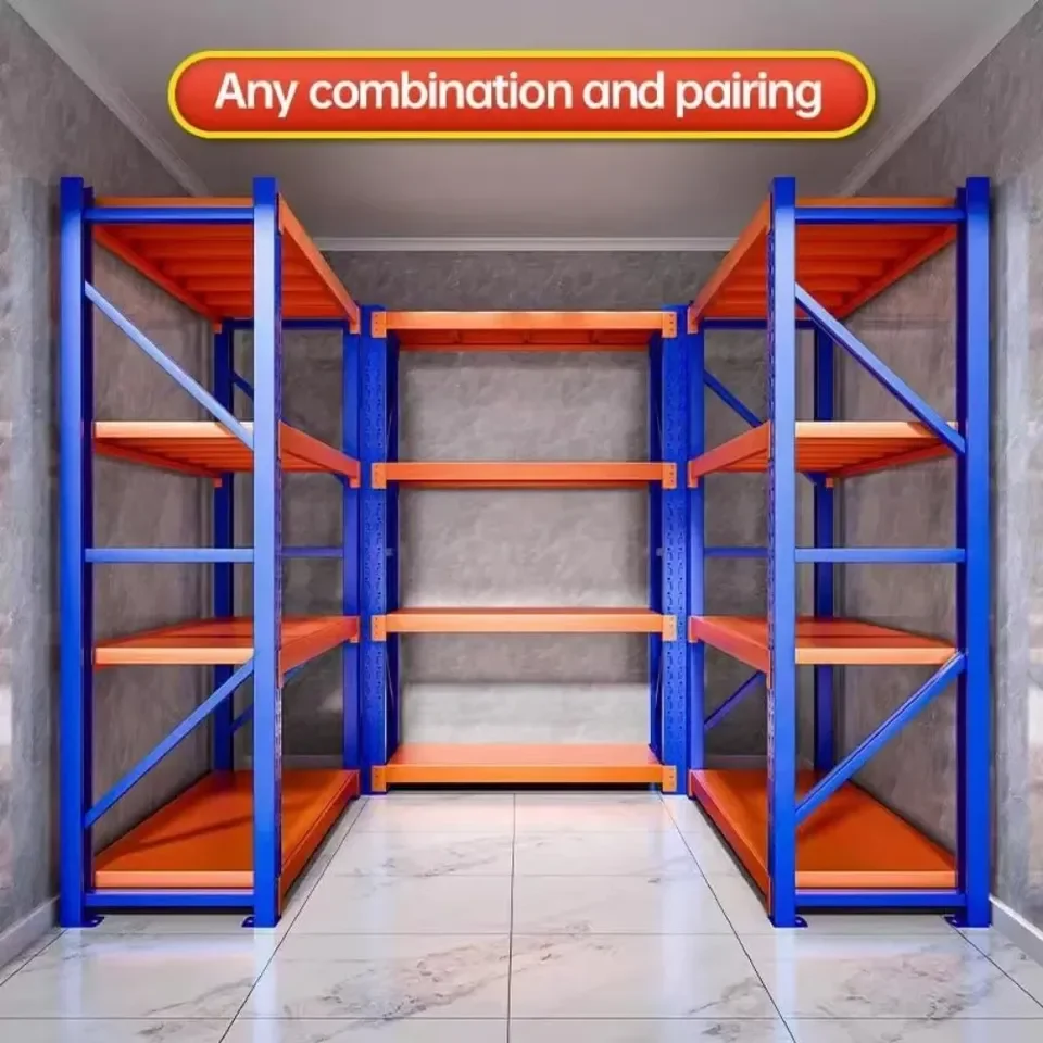 4-Level Blue Orange Steel Industrial Warehouse Storage Shelves Adjustable Height Pallet Support Bar Powder Coated Finish Large