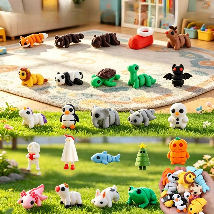48/10 Pcs Mini Random 3D Printed Animal Figurines Set, Flexible Articulated Kids Fidget Toys , Party Favors, Classroom Rewards