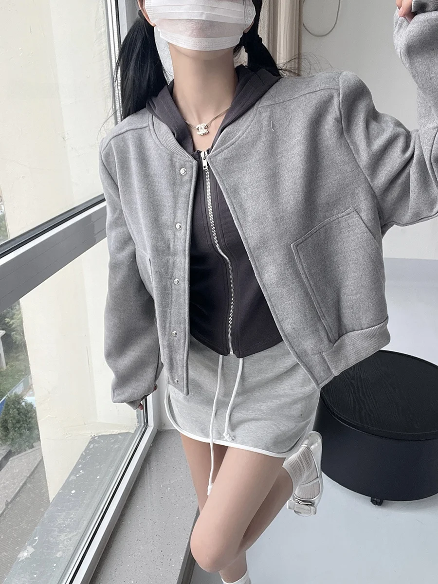Korean Style Short Woolen Baseball Jacket Women's Autumn New Slimming Short Coat Street Style Loose Fit Long Sleeve Stand Collar