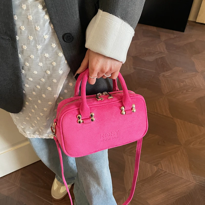 Stylish Design Suede PU Boston Square Bags for Women Korean Style Crossbody Shoulder Bag Small Zipper Handbag with Short Handle