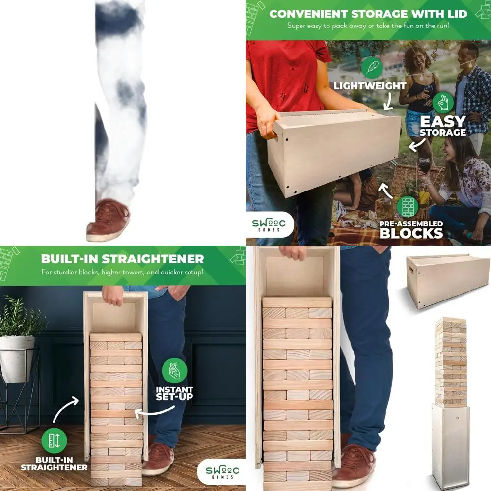 

SWOOC Giant Tower Game: 3-in-1 Set with Straightener, Table, Storage - Quick Setup, Expands to 6ft - Ideal Outdoor Yard Game