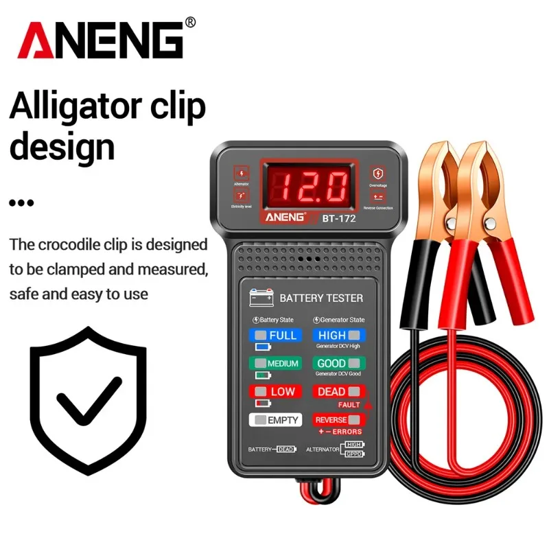 

ANENG BT-172 Car Battery Meter 12V with Status Indicator Charge System Analyzer Alligator Clips Compact Size Checker Tools