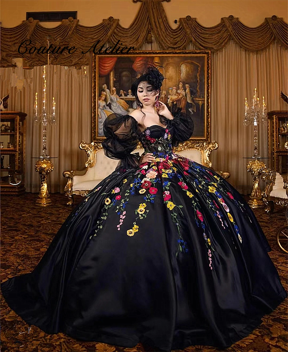

Royall Mexican Embroidery Flowers Black Lantern Sleeve Satin Quinceanera Dresses Ball Gown Sweet Sixteen Dress Customized