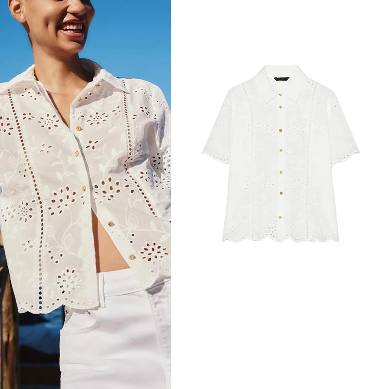 

Spring Summer Women's irt ort Sve Collar Embroidered Hollow out Vertical Lace Trim Loose Fit Casual Top