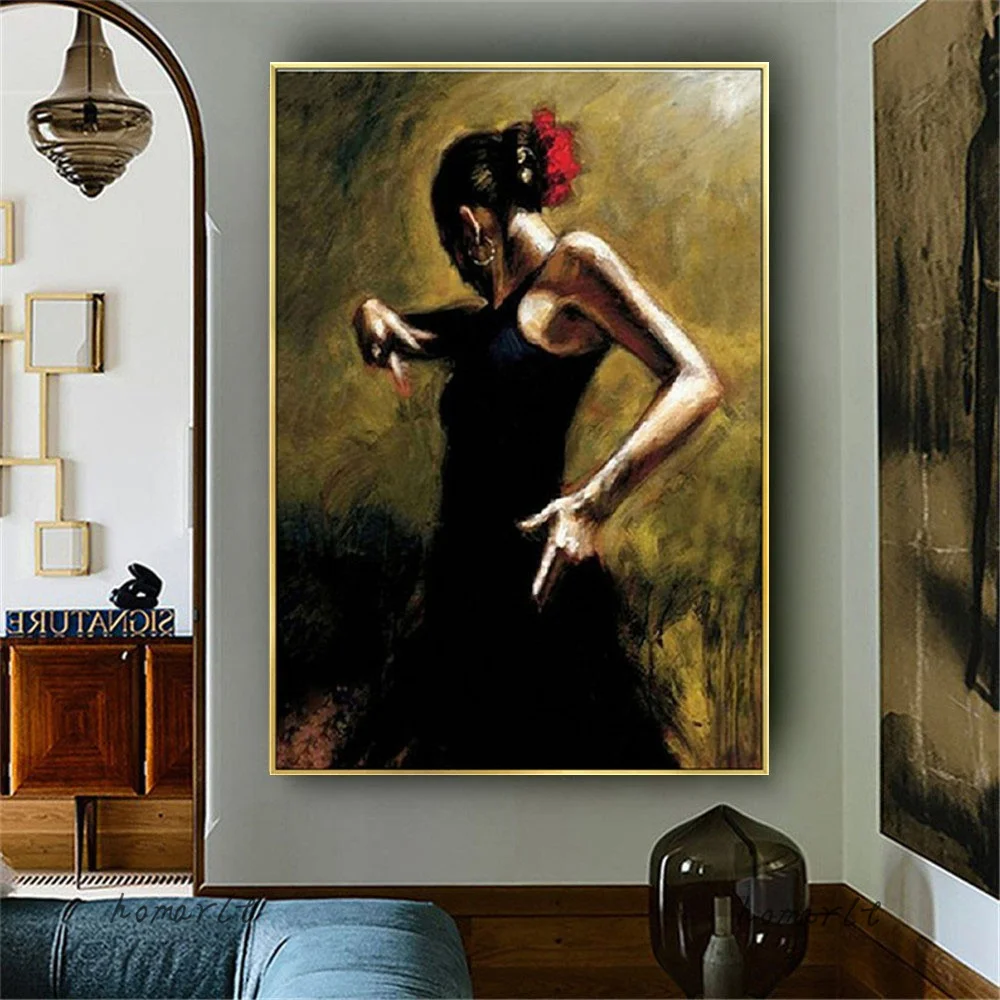 Handpainted Black Dancer Oil Painting - Mexican Girl Artwork for Hotel Bar Wall Decor Cheap Canvas Figure