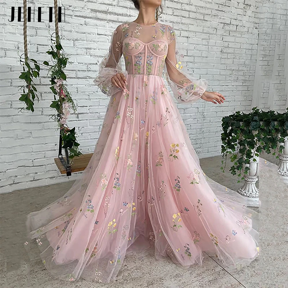 JEHETH Embroidered Lace Tulle Pastoral Prom Dress Fairy Long Sleeves Illusion Back A-Line O-Neck Party Evening Gown Floor Length