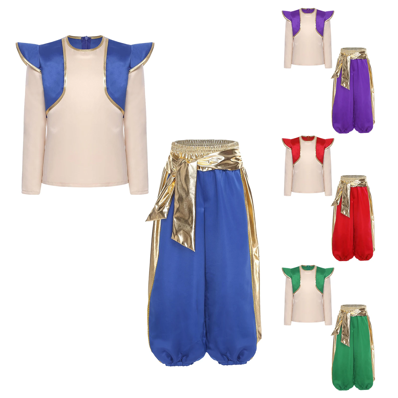 Children Boys Arabian Prince Cosplay Costume Halloween Party Fairy Tales Lamp Elf Role Play Clothes Long Sleeve Top Harem Pants