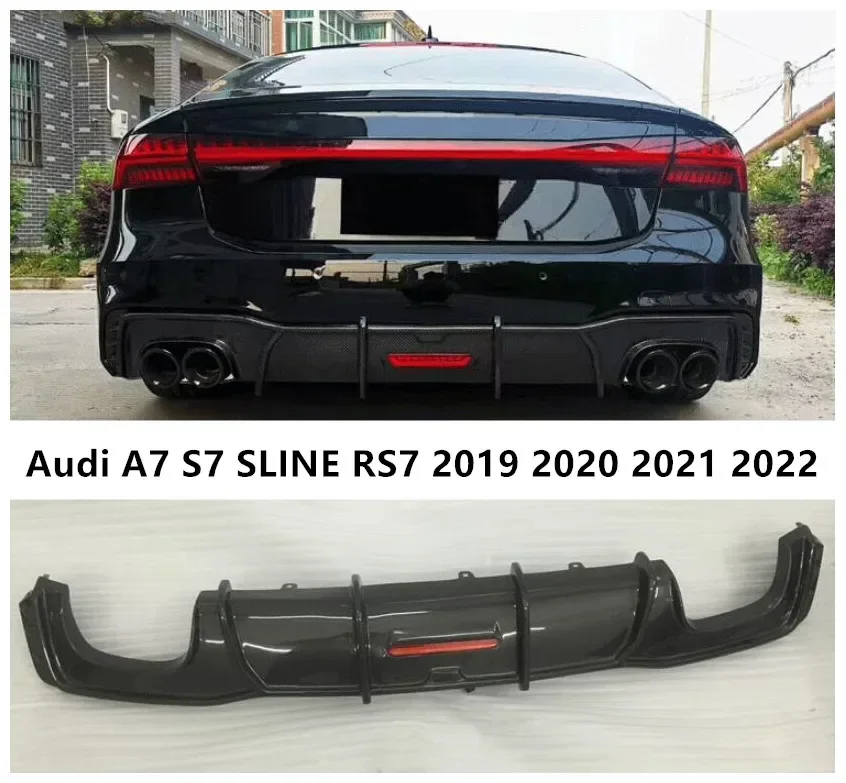 Rear Bumper Diffuser For Audi A7 S7 SLINE RS7 2019 2020 2021 2022 Trunk Door Lip Spoiler Real Carbon Fiber (With LED Light )