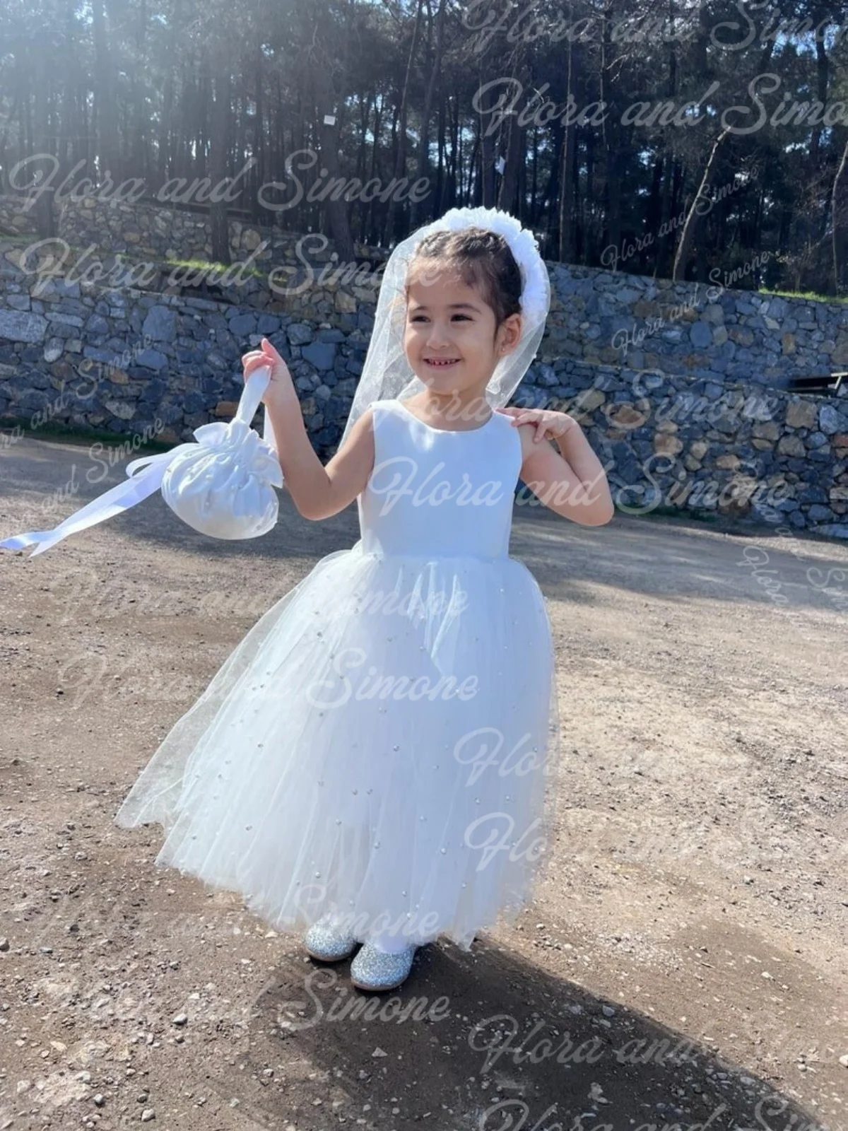 Vestido de niña de flores con perlas blancas personalizado, largo hasta el suelo, tul con fajín, elegante fiesta, primera comunión para niñas