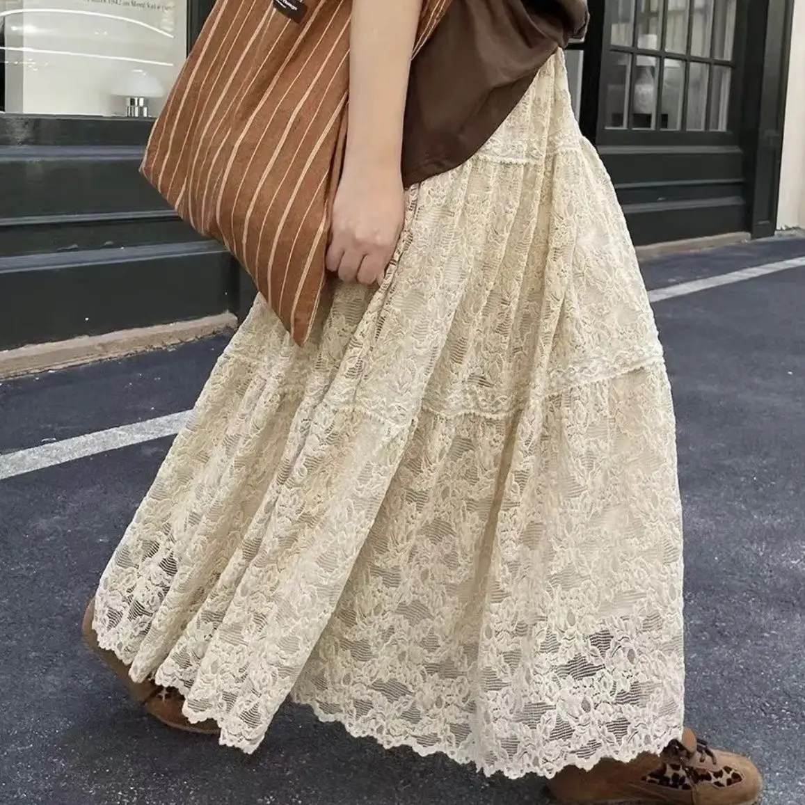 French Style Elegant Vintage Splicing Lace Crochet Skirt Autumn Winter New Korean Fashion High Waist A Line Long Skirt for Women