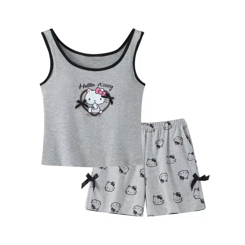 Miniso Sanrio Hellokitty Casual Pajamas Suit Sleeveless Pad Tops Shorts 2 Pieces Girls Bowknots Grey Sleepwear Women Clothes