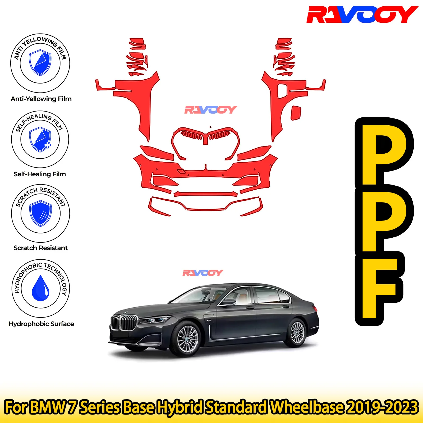 

For BMW 7 Series Base Hybrid Standard Wheelbase 2019-2023 Glossy Matte Black Precut front PPF Kit Paint Protection Film