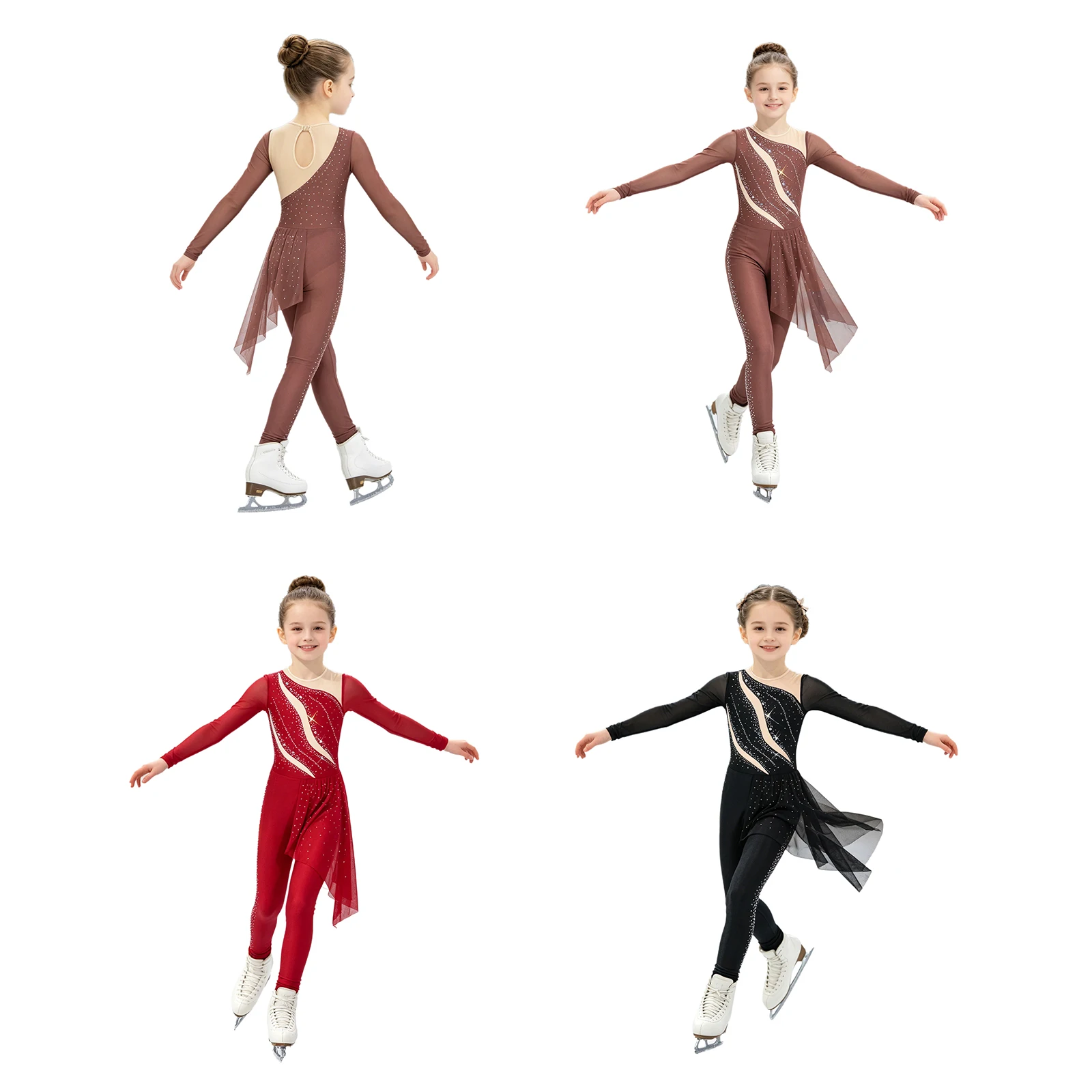 Mädchen-Kostüm für Eiskunstlauf mit Strasssteinen, glitzerndes Strass-Design, langärmeliger Overall, Tanzkleidung für lyrisches Ballett. – Detail 3