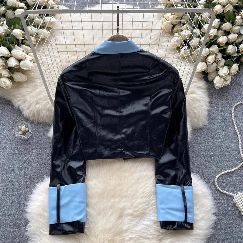 Streetwear Fashion Contrast Color Irregular Lapel Faux PU Leather Jacket Spring Autumn Women Slim Short Motorcycle Biker Jacket