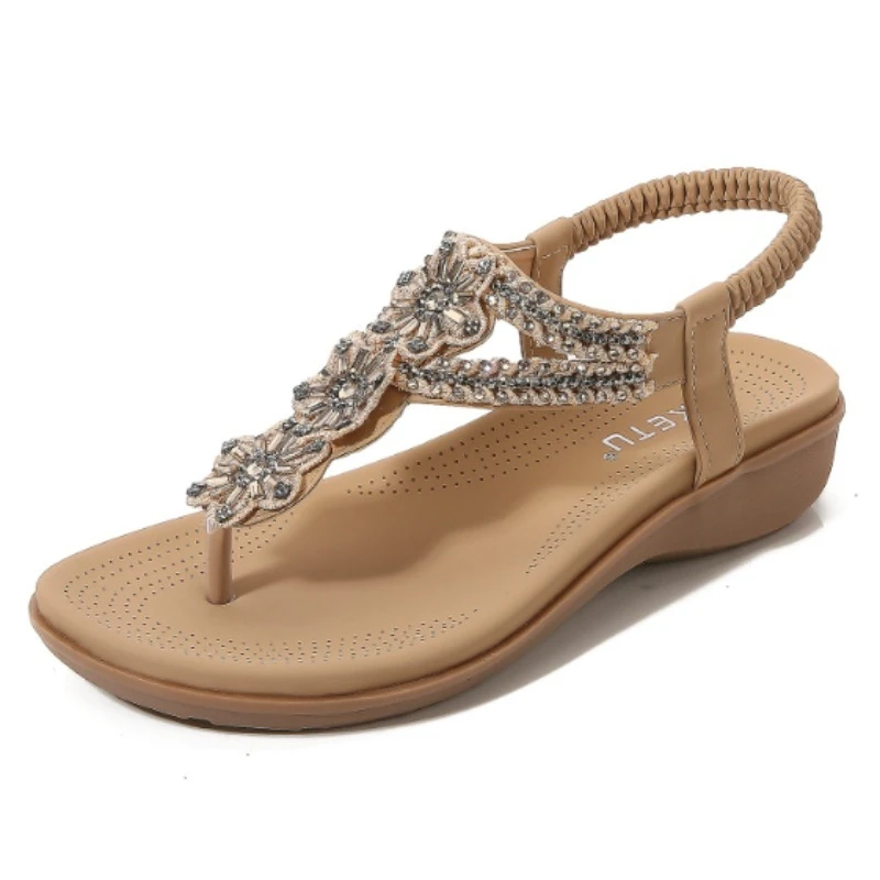 SIKETU Size 35-42 Big Size Black Beading Sandals Women Shoes Khaki Rome Summer Women Flats Shoes sandalias mujer